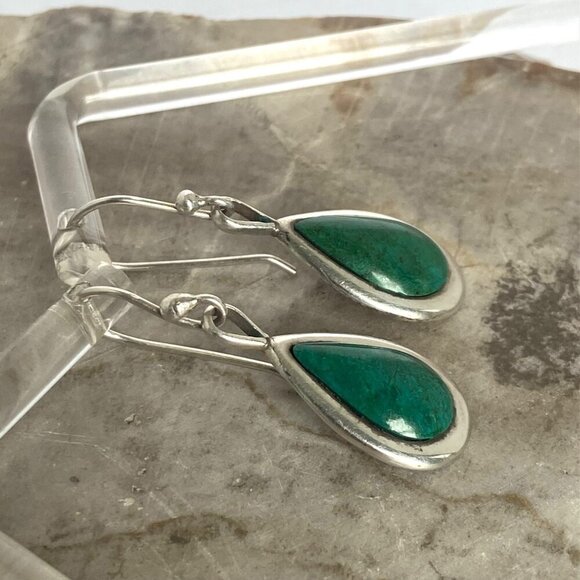 Sterling Silver 925 Southwest Style Chrysocolla Teardrop Dangle Drop Earrings - Picture 13 of 16